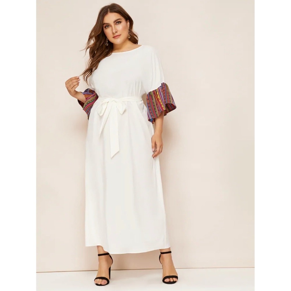 Shein White Maxi Dress 0X Plus Size Boho Striped Puff Sleeve Belted Keyhole Back